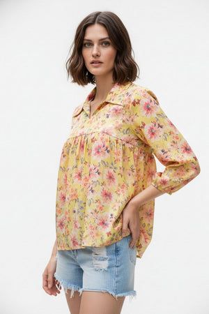 Yellow Floral Printed Crepe Top (ACA8716)