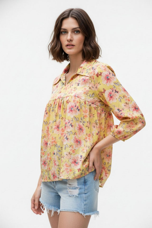 Yellow Floral Printed Crepe Top (ACA8716)