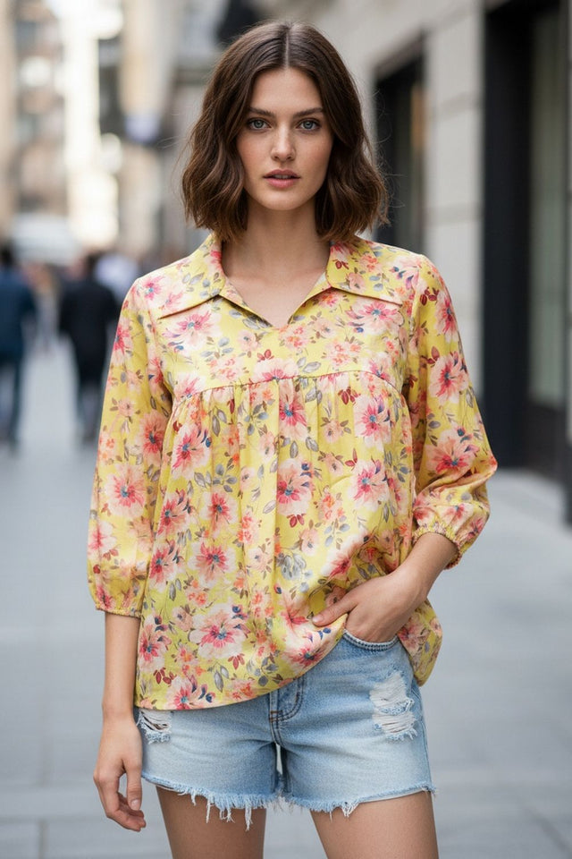 Yellow Floral Printed Crepe Top (ACA8716)