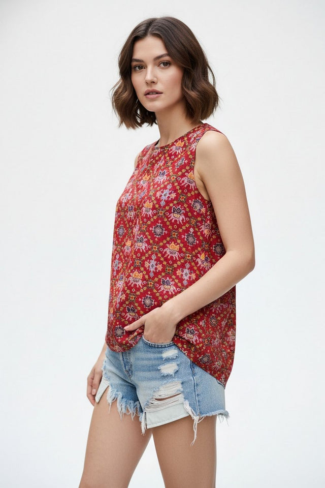 Red Printed Rayon Top (ACA8719)