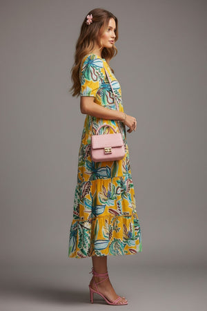 Yellow Printed Rayon Dresses (ACA8726)