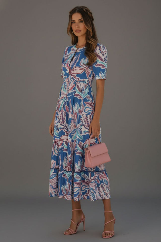 Blue Printed Rayon Dresses (ACA8727)