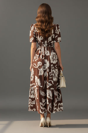 Brown Floral Printed Muslin Dresses (ACA8729)