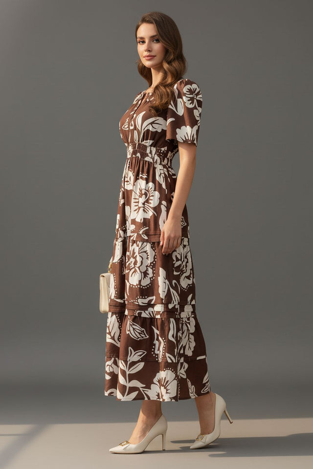 Brown Floral Printed Muslin Dresses (ACA8729)