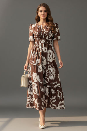 Brown Floral Printed Muslin Dresses (ACA8729)