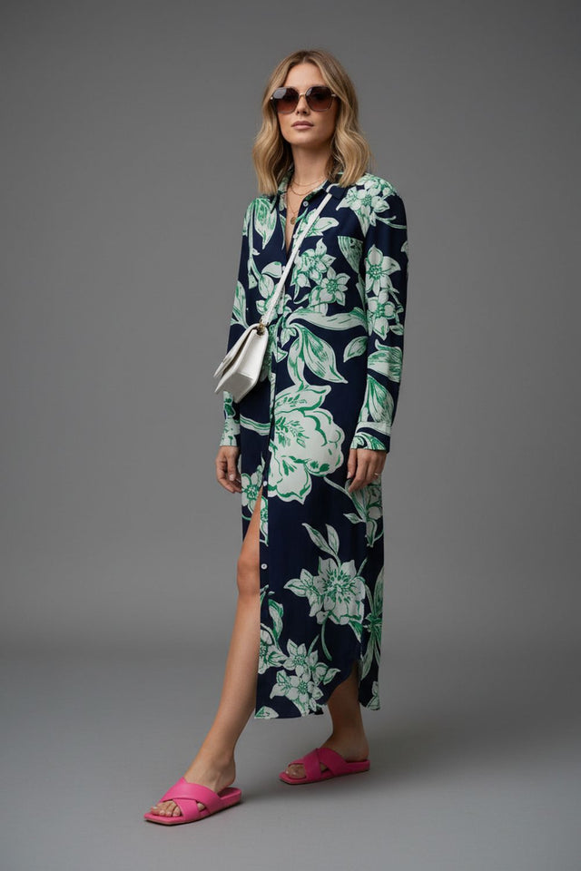 Navy-Blue Floral Printed Muslin Dresses (ACA8731)