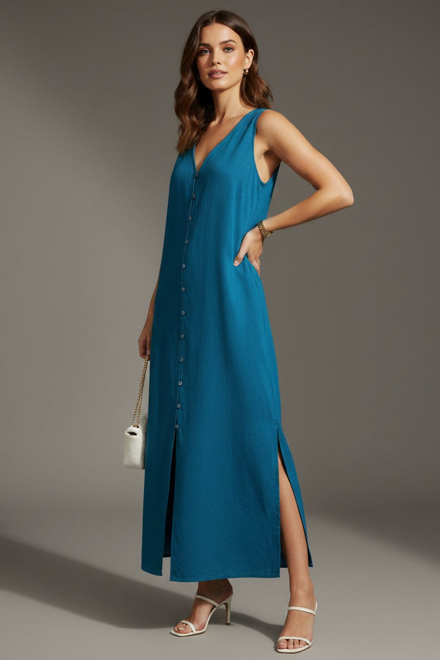 Turquoise Solid Rayon Dresses (ACA8732)