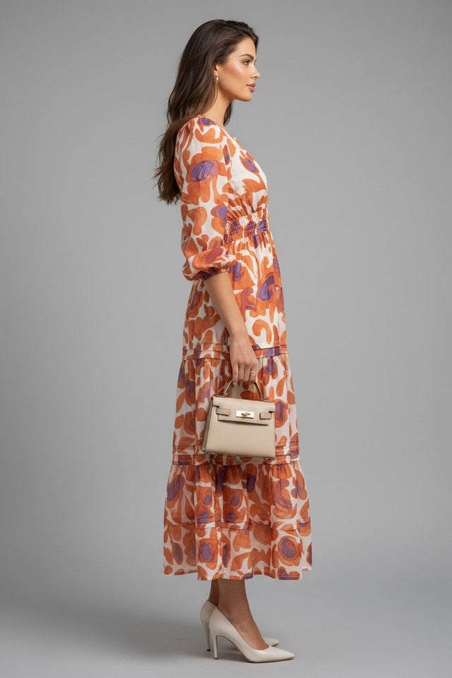 Orange Floral Printed Muslin Dresses (ACA8733)