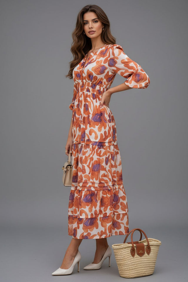 Orange Floral Printed Muslin Dresses (ACA8733)