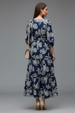 Navy-Blue Floral Printed Muslin Dresses (ACA8734)