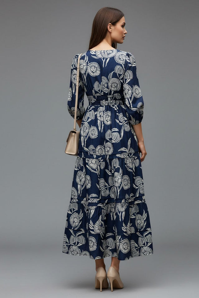 Navy-Blue Floral Printed Muslin Dresses (ACA8734)