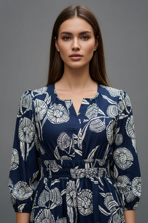 Navy-Blue Floral Printed Muslin Dresses (ACA8734)