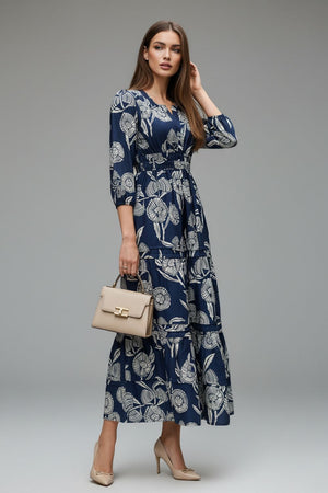 Navy-Blue Floral Printed Muslin Dresses (ACA8734)