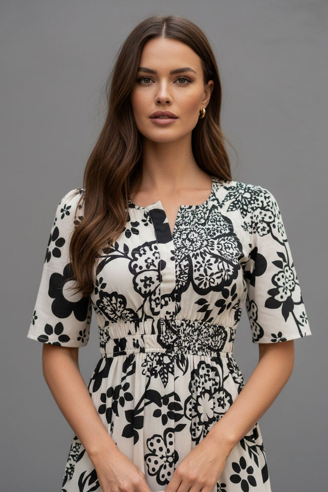 White Floral Printed Muslin Dresses (ACA8735)