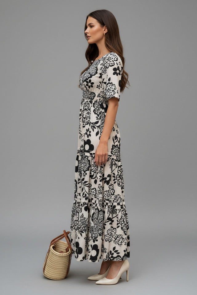 White Floral Printed Muslin Dresses (ACA8735)