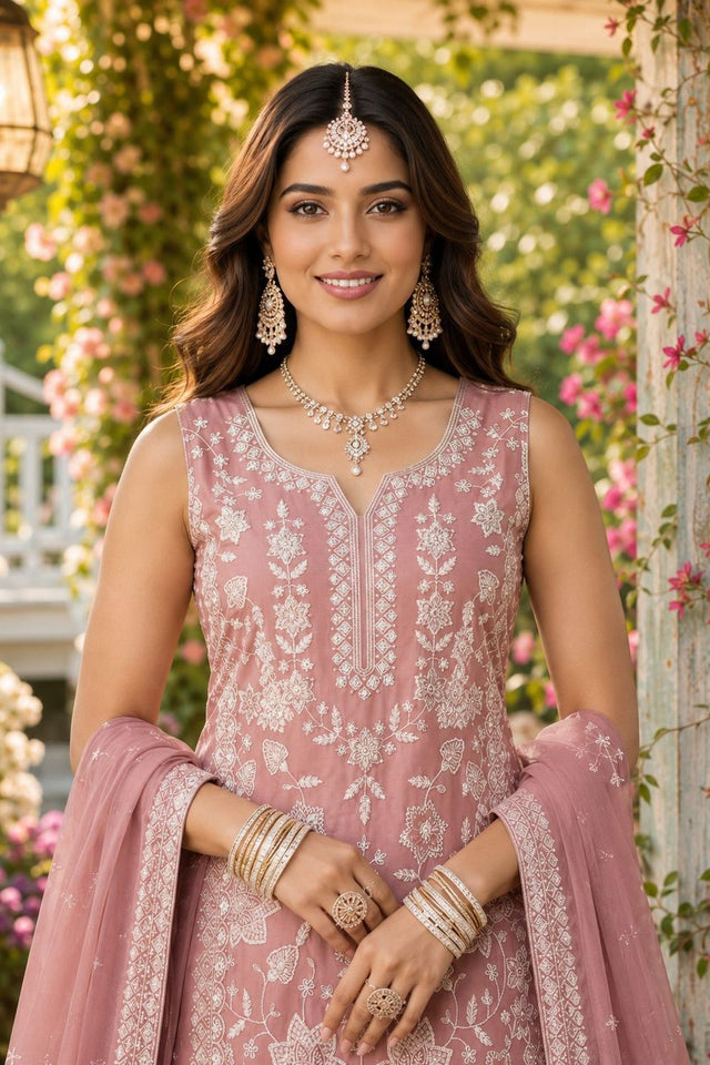 Pink Floral Embroidered Chiffon Sharara Suit (ACA8742)