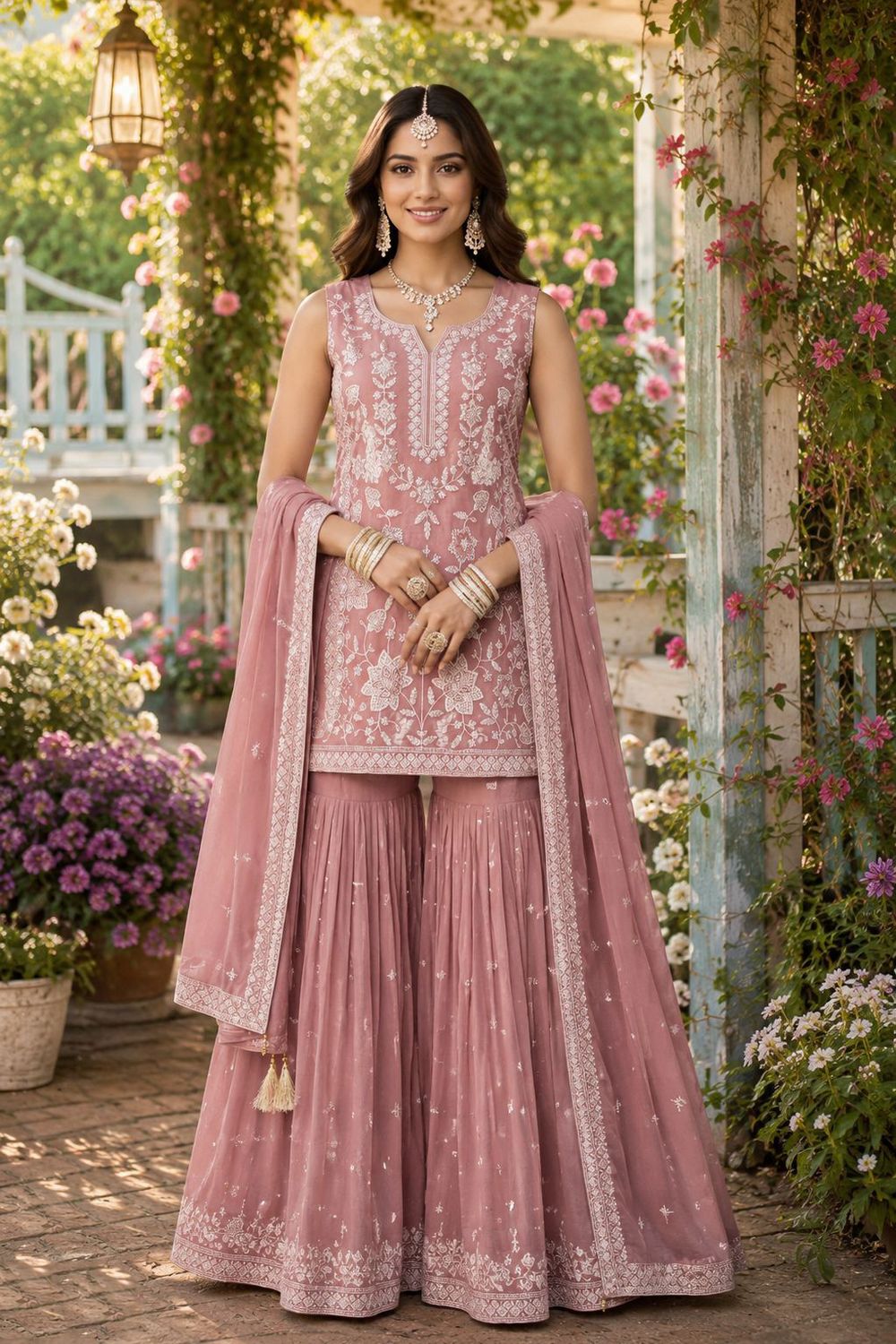 Buy Pink Floral Embroidered Chiffon Sharara Suit (ACA8742) Online