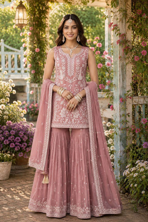 Pink Floral Embroidered Chiffon Sharara Suit (ACA8742)