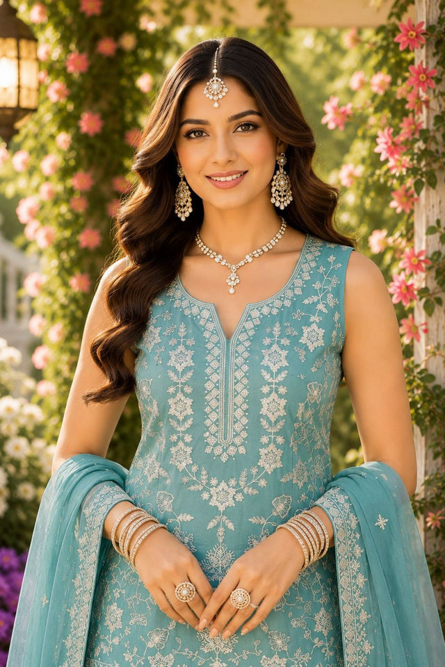 Blue Floral Embroidered Chiffon Sharara Suit (ACA8743)