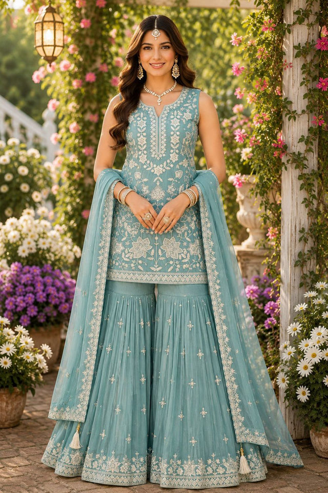 Blue Floral Embroidered Chiffon Sharara Suit (ACA8743)