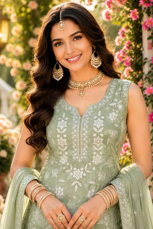 Green Floral Embroidered Chiffon Sharara Suit (ACA8744)