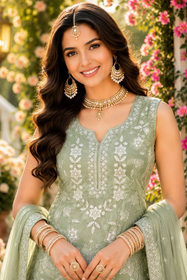 Green Floral Embroidered Chiffon Sharara Suit (ACA8744)