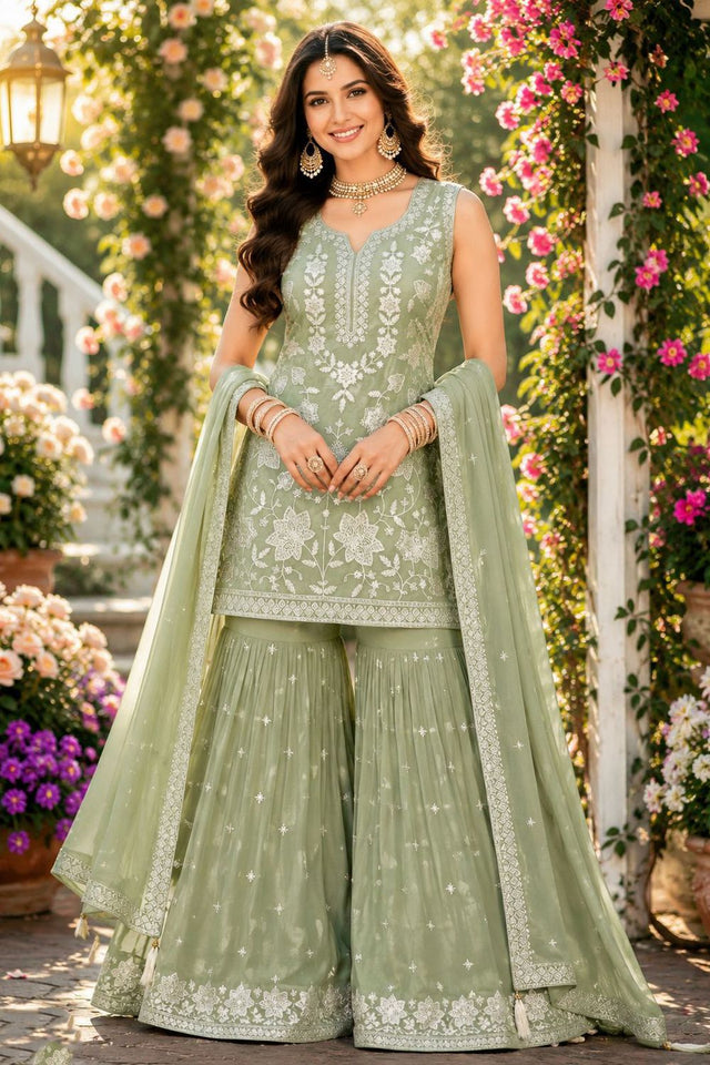 Green Floral Embroidered Chiffon Sharara Suit (ACA8744)