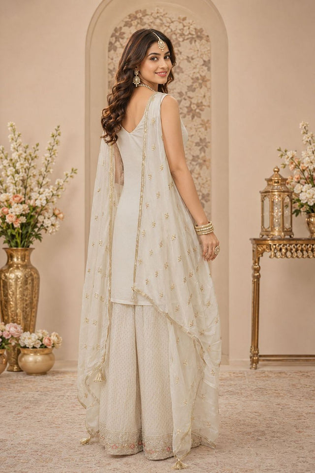 Off White Embroidered Georgette Sharara Suit (ACA8745)