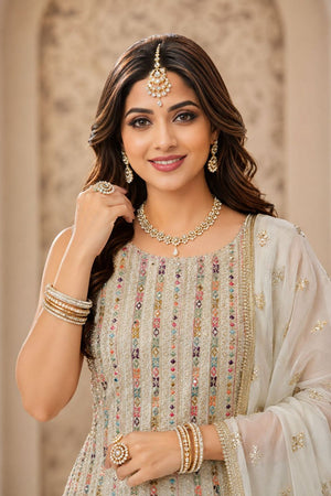 Off White Embroidered Georgette Sharara Suit (ACA8745)