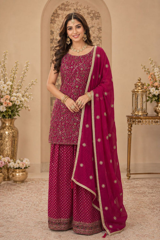 Pink Sequin with Embroidered Georgette Sharara Suit (ACA8746)
