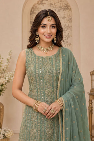 Green Embroidered with Mirror Work Georgette Sharara Suit (ACA8747)