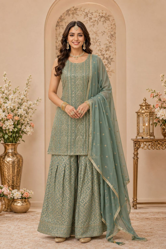 Green Embroidered with Mirror Work Georgette Sharara Suit (ACA8747)