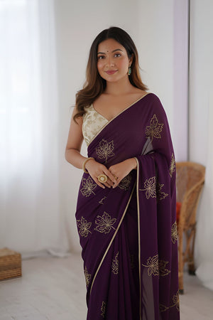 Purple Embroidered Silk Saree (ACA8749)