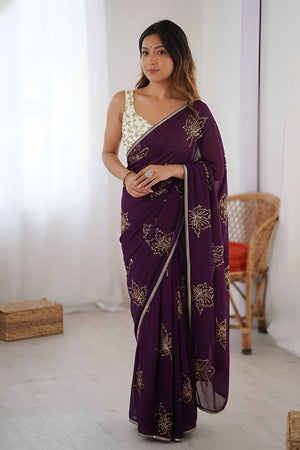Purple Embroidered Silk Saree (ACA8749)