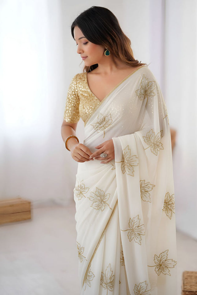 Off White Embroidered Silk Saree (ACA8750)