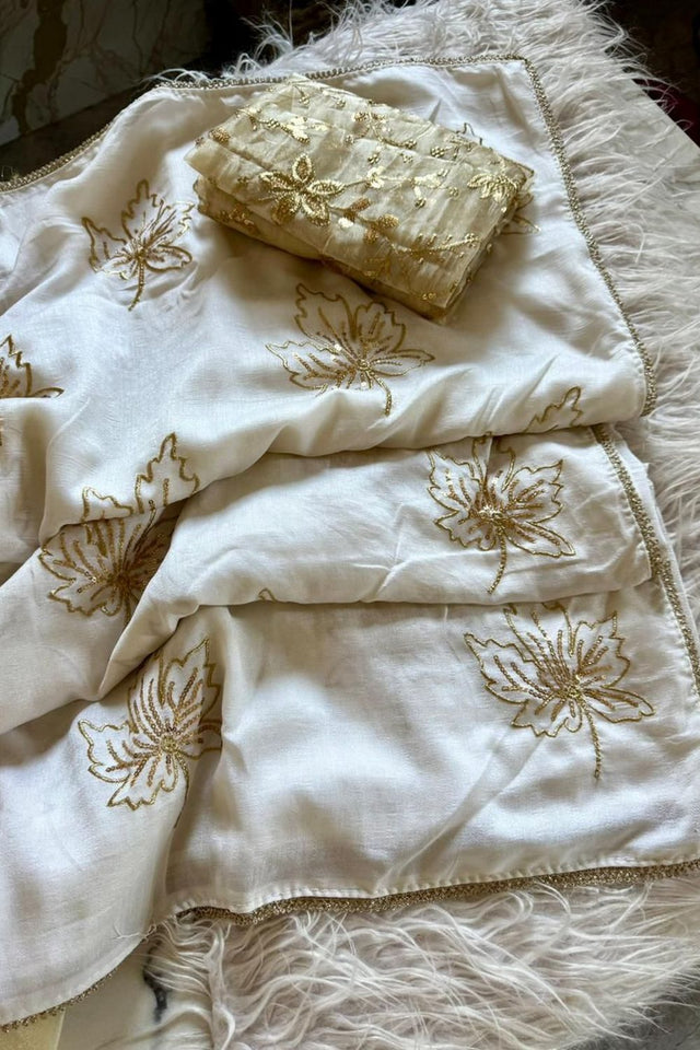 Off White Embroidered Silk Saree (ACA8750)