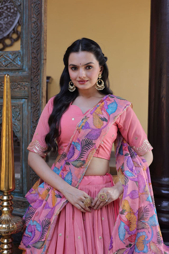Peach Embroidered Silk Lehenga (ACA8751)