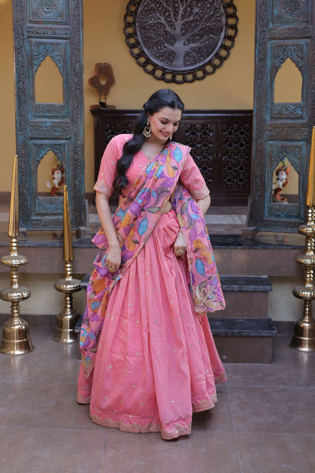 Peach Embroidered Silk Lehenga (ACA8751)