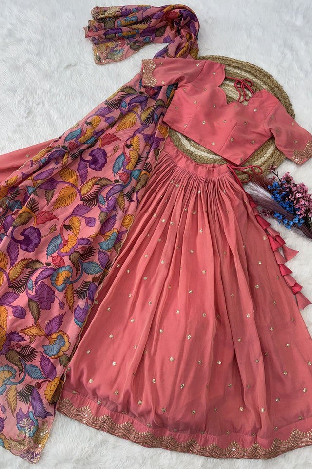Peach Embroidered Silk Lehenga (ACA8751)
