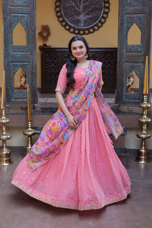 Peach Embroidered Silk Lehenga (ACA8751)