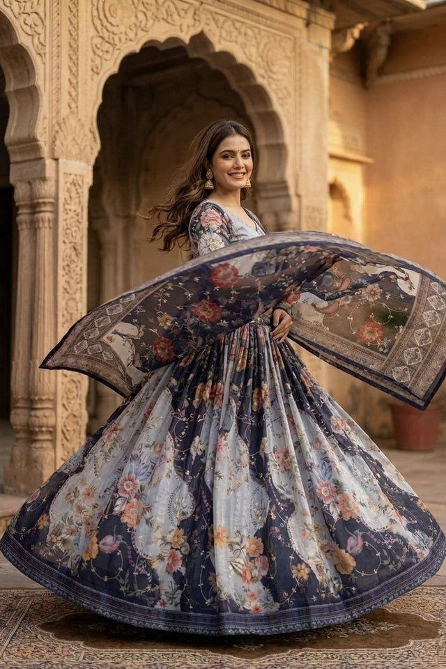 Blue Floral Printed Silk Lehenga (ACA8753)