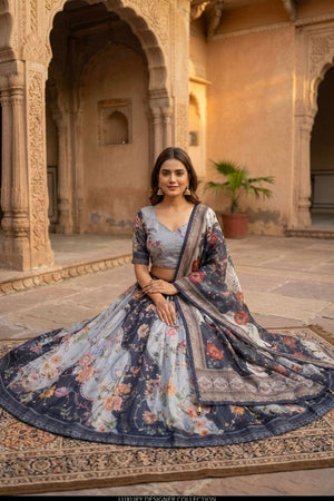 Blue Floral Printed Silk Lehenga (ACA8753)