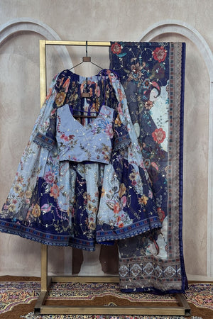 Blue Floral Printed Silk Lehenga (ACA8753)
