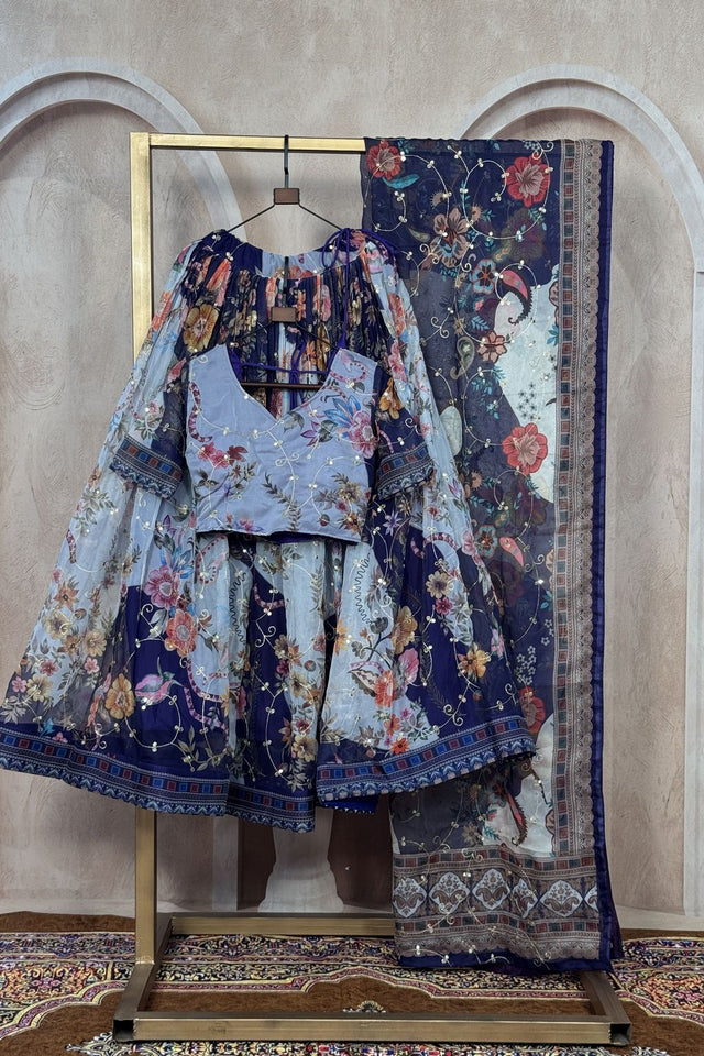Blue Floral Printed Silk Lehenga (ACA8753)