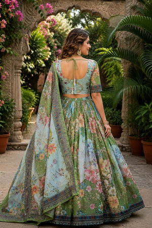 Green Floral Printed Silk Lehenga (ACA8754)