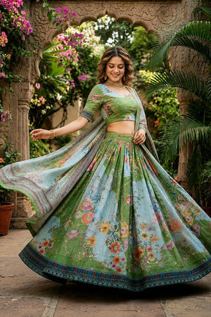 Green Floral Printed Silk Lehenga (ACA8754)