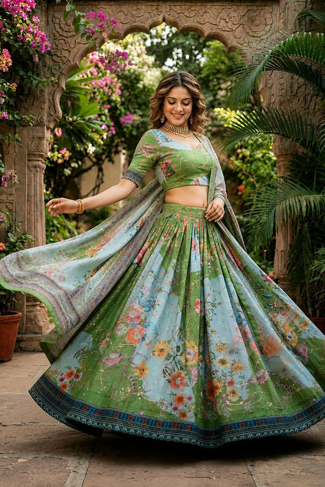 Green Floral Printed Silk Lehenga (ACA8754)