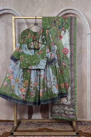 Green Floral Printed Silk Lehenga (ACA8754)