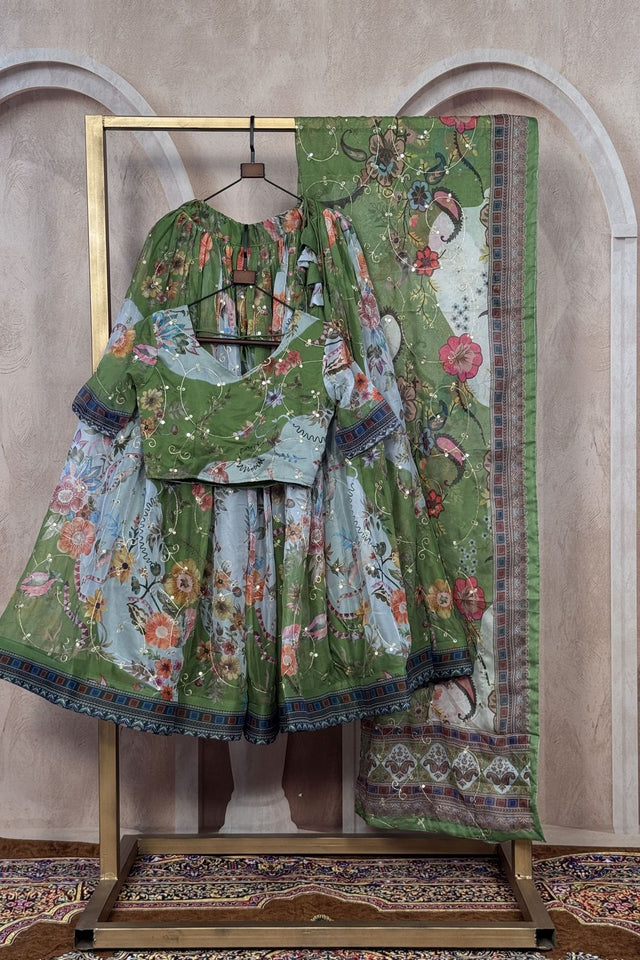 Green Floral Printed Silk Lehenga (ACA8754)