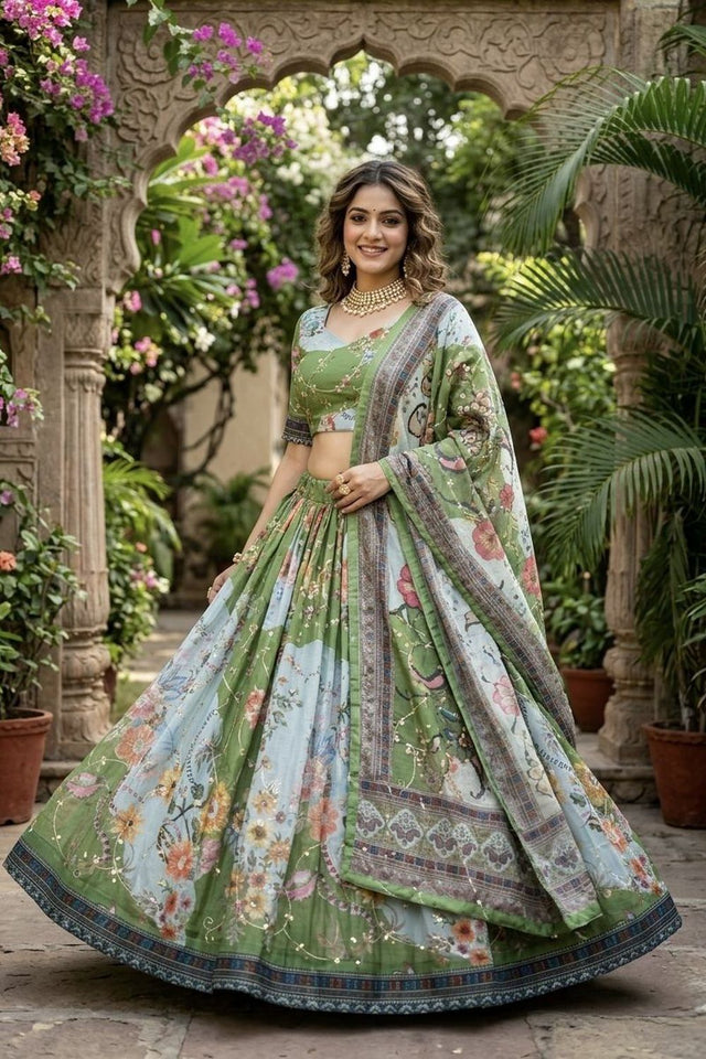 Green Floral Printed Silk Lehenga (ACA8754)